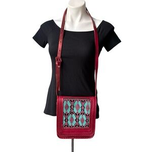 Vintage Hard Shell Tooled Leather Aztec Embroidered Flap Crossbody Bag